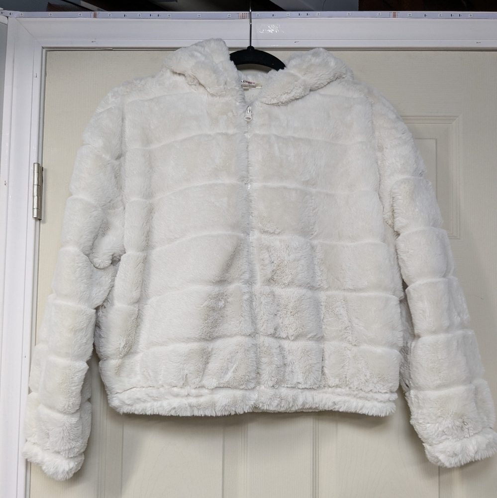 Stella Tweed Ivory Faux Fur Cropped Hooded Jacket Super Soft Size Small